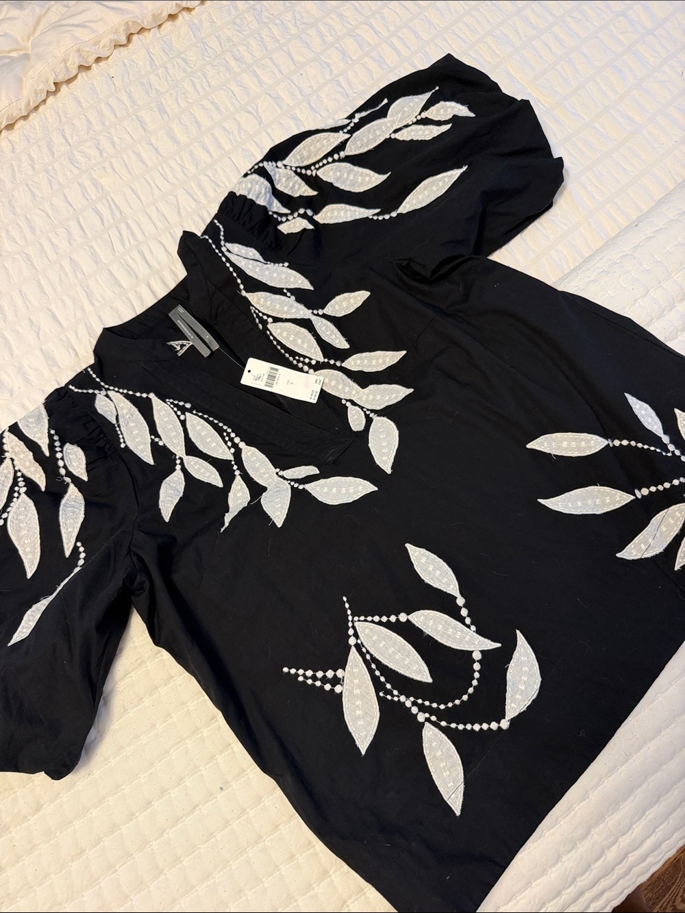 Anthropologie Black V-Neck Tunic with White Leaf Embroidery